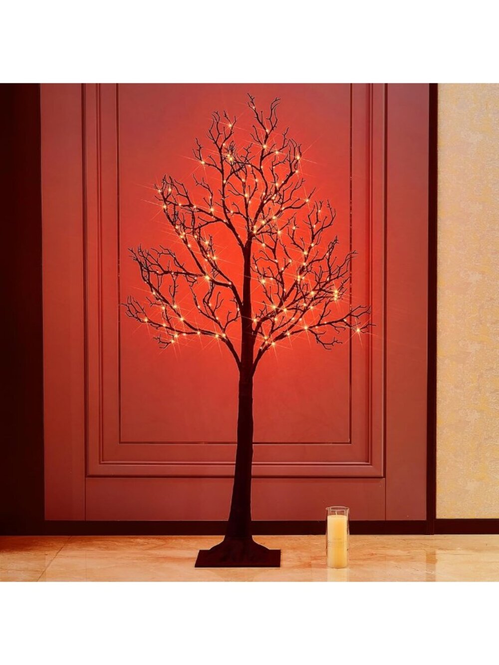 Glittery Black Halloween Tree with 150 Orange Fairy Lights for Indoor/Outdoor